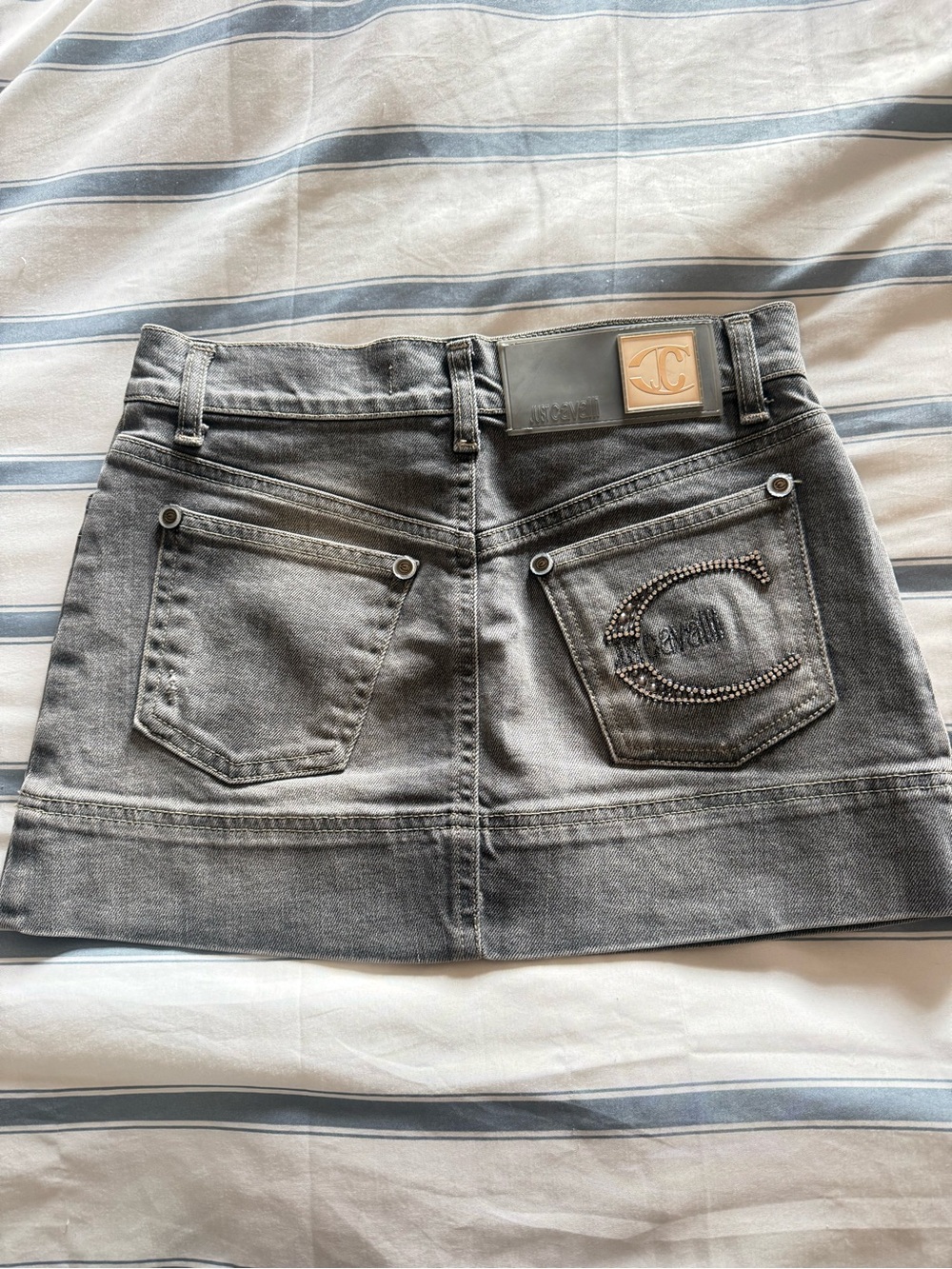Just Cavalli Grey Embellished Logo Denim Mini Skirt